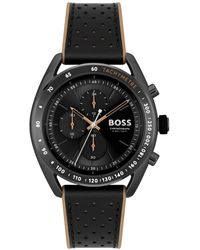 BOSS - Center Court Quartz Chronograph Black Leather And Brown Silicone Strap Watch 44mm - Lyst