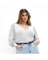 City Chic - Plus Size Glowing Lurex Long-sleeve V-neck Faux-wrap Blouse - Lyst
