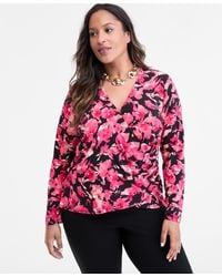 INC International Concepts - Plus Size Printed Long-sleeve Surplice-neck Top - Lyst