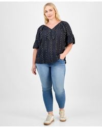 Democracy - Trendy Plus Cotton Floral-trim Bubble-sleeve Blouse - Lyst