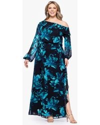 Xscape - Plus Size Printed Asymmetrical-neckline Long Dress - Lyst