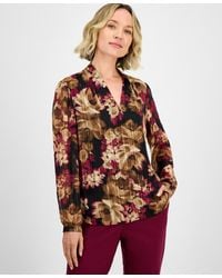 Kasper - Floral-print V-neck Long-sleeve Blouse - Lyst