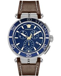 Versace - Swiss Chronograph Greca Brown Leather Strap Watch 45mm - Lyst