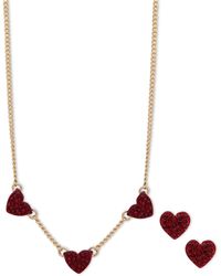 DKNY Gold-tone 2-pc. Set Pavé Heart Statement Necklace & Matching Stud Earrings - Red