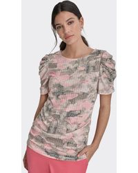 DKNY - Petite Printed Crewneck Ruched-sleeve Blouse - Lyst