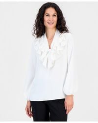 Kasper - Petite Solid Georgette Ruffle-neck Blouse - Lyst