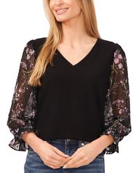 Cece - Floral V-neck Mix Media 3/4-sleeve Knit Top - Lyst