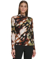 DKNY - Petite Printed Mock-neck Button-shoulder Top - Lyst