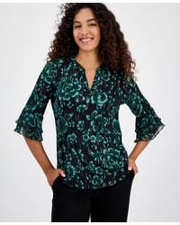 Kasper - Floral Print Split-neck Bell-sleeve Blouse - Lyst