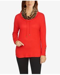 Ruby Rd. Misses Leopard Faux Fur Cowl Neck Pullover Top - Red