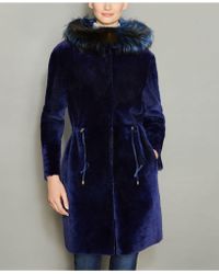 The Fur Vault Fox-fur-trim Hooded Shearling Lamb Coat - Blue
