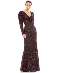 Mac Duggal - Sequined Wrap Over Puff Long Sleeve Gown - Lyst