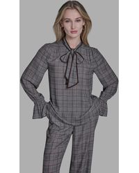 BCBGMAXAZRIA - Plaid Long Sleeve Tie Neck Top - Lyst