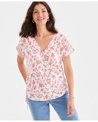 Style & Co. - Petite Ruched Tie Fresh Paisley Print V-neck Top - Lyst