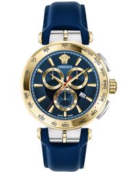 Versace - Swiss Chronograph Aion Blue Leather Strap Watch 45mm - Lyst