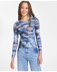 BarIII - Printed Long-sleeve Ruched Mesh Top - Lyst