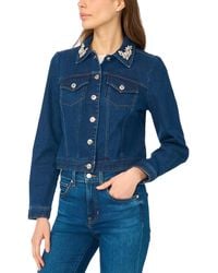 Cece - Crystal Collar Puff Sleeve Cropped Denim Jacket - Lyst