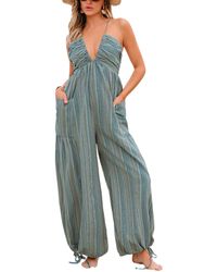 CUPSHE - Striped Plunge Loose Leg Jumpsuit - Lyst