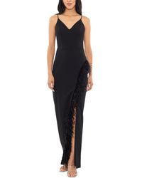 Xscape - V-neck Feather-trimmed High-slit Gown - Lyst