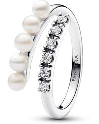 PANDORA - Sterling Timeless Treated Freshwater Cultured Pearls Pave Open Ring - Lyst