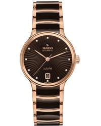 Rado - Swiss Automatic Centrix Diamond Accent Brown Ceramic & Rose Gold Pvd Stainless Steel Bracelet Watch 35mm - Lyst