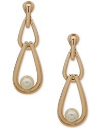 Anne Klein - Gold-tone Link & Imitation Pearl Clip-on Linear Drop Earrings - Lyst