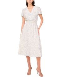 Vince Camuto - Printed V-neck Smocked-waist Midi Dress - Lyst