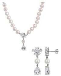 Macy's - Macys Cultured Freshwater Pearl Created Sapphire Drop Earrings Necklace In Sterling Silver Collection - Lyst