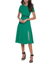 Calvin Klein - Short Sleeve A-line Midi Dress With Belt - Lyst