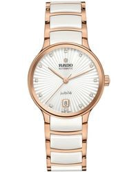 Rado - Swiss Automatic Centrix Diamond Accent White Ceramic & Rose Gold Pvd Stainless Steel Bracelet Watch 35mm - Lyst