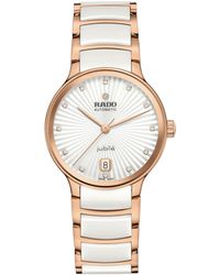 Rado - Swiss Automatic Centrix Diamond Accent White Ceramic & Rose Gold Pvd Stainless Steel Bracelet Watch 35mm - Lyst