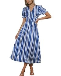 CUPSHE - Blue & White Stripe Puff Sleeve V-neck Midi Beach Dress - Lyst