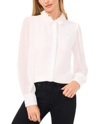 Cece - Floral-applique Collared Long-sleeve Blouse - Lyst