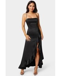 Bebe - Satin Ruffle Maxi Lace Up Back - Lyst