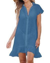 CUPSHE - Button-up Collared Ruffle Mini Cover-up - Lyst