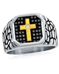 Metallo - Stainless Steel Gold Cz Cross Pebbled Design Ring - Lyst