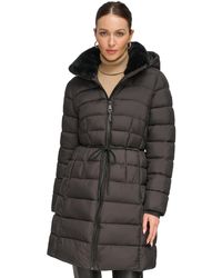 DKNY - Rope Belted Faux-fur-trim Hooded Puffer Coat - Lyst