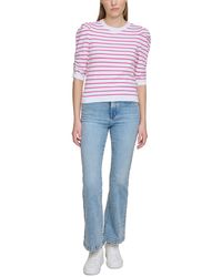 DKNY - Striped Ruched-sleeve Crewneck Top - Lyst