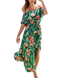 CUPSHE - Green & Orange Tropical Off-shoulder Flounce Bodice Maxi Beach Dress - Lyst