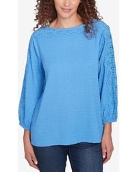 Ruby Rd. - Petite Solid Textured Eyelet Sleeve Boat Neck Top - Lyst