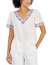 Charter Club Linen Embroidered V-neck Top, Created For Macy's - White