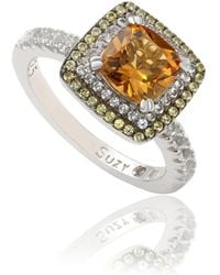 SUZY LEVIAN NEW YORK - Suzy Levian Sterling Silver Cushion Cut Topaz And Sapphire Double Halo Ring - Lyst