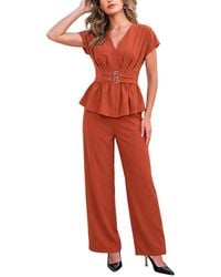 CUPSHE - Elegant V-neck Belted Peplum Top And Wide Leg Pants Two-piece Set - Lyst