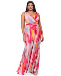 Xscape - Plus Size Printed V-neck Ruched-waist Pleated Gown - Lyst