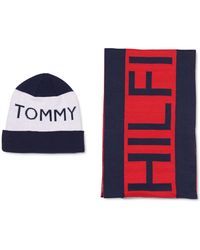 Tommy Hilfiger Men's Black Logo Ribbed Hat & Scarf 2 Piece Set