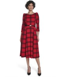 Calvin Klein - 3/4-sleeve Plaid Midi Dress - Lyst