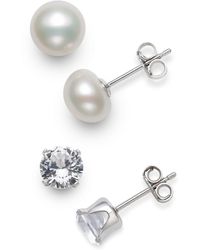 Giani Bernini - 2-pc. Set Cultured Freshwater Pearl (7-8mm) & Cubic Zirconia Stud Earrings In Sterling Silver, Created For Macy's - Lyst
