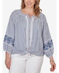Ruby Rd. - Plus Size Embroidered Seersucker Tie-front Henley Top - Lyst