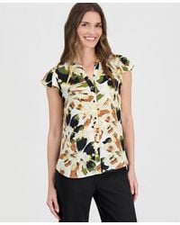 Anne Klein - Printed Split Neck Flutter Sleeve Blouse - Lyst