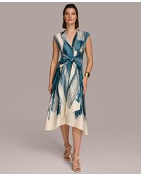 Donna Karan - Printed Cotton Cap-sleeve Tie-waist Dress - Lyst